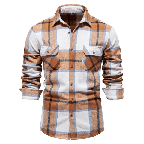 Chemise à Carreaux Homme en Flanelle Manches Longues à Boutons Haut Business Décontracté Chemisier Travail Avec Double Poche