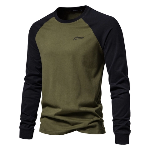 Heren Raglan Shirt met Lange Mouwen Katoen Casual Contrast Patchwork Ronde Hals Base Layer Top met Borduurwerk Logo Mode