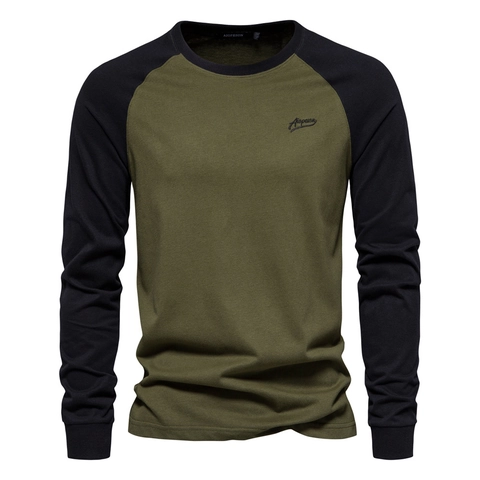 Heren Raglan Shirt met Lange Mouwen Katoen Casual Contrast Patchwork Ronde Hals Base Layer Top met Borduurwerk Logo Mode