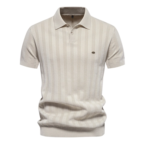 Herren Europäische Größe Strick Viskose Polo Shirt Locker Vertikal Gerippt Gewaschen Kurzarm Revers Einfarbig Top