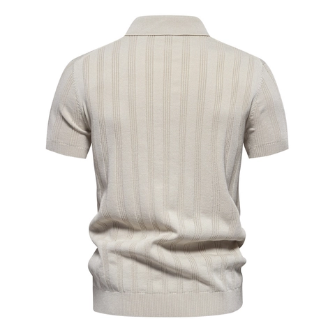Herren Europäische Größe Strick Viskose Polo Shirt Locker Vertikal Gerippt Gewaschen Kurzarm Revers Einfarbig Top
