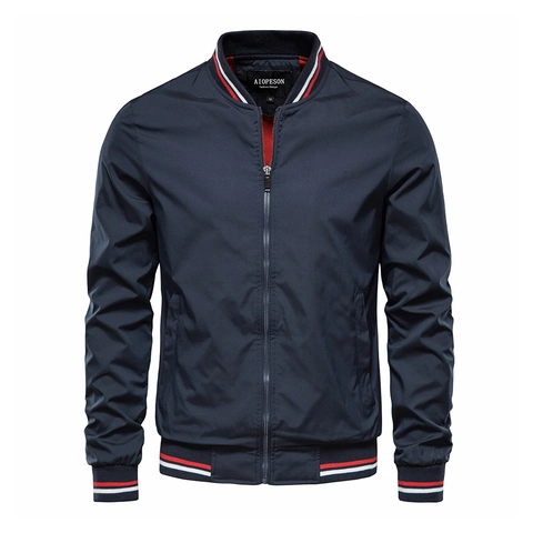 Men's Casual Bomber Jacket Stand Collar Windproof Polyester Outerwear Sporty Stripe Ribbed Trim Full Zip Lightweight Coat