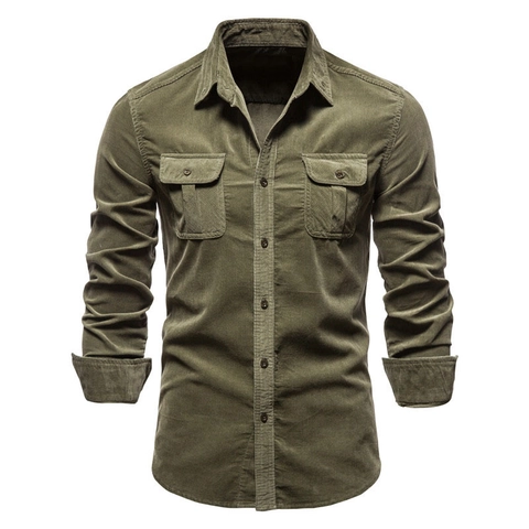 Camicia di Velluto a Coste Retrò da Uomo Manica Lunga Cotone Slim Fit Stile Workwear Tinta Unita Doppia Tasca Giacca Casual