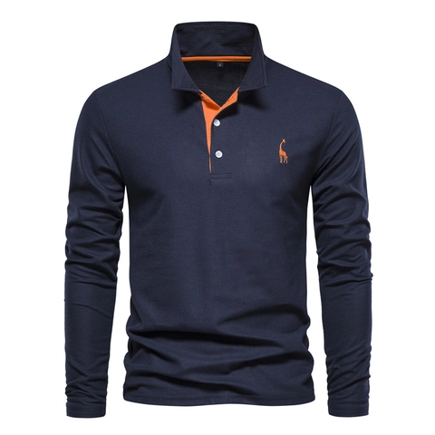 Polo da Uomo a Manica Lunga Ricamata Animali Colletto a Contrasto Misto Cotone Traspirante Casual Moda Urban Tempo Libero Top per Uomo