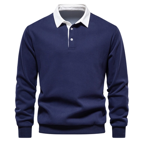 Herren Business Casual Polo Sweatshirt Baumwollmischung Langarm Kontrastfarbe Revers Rippbündchen Pullover Top Für Herren