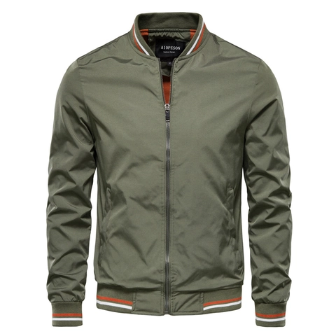 Men's Casual Bomber Jacket Stand Collar Windproof Polyester Outerwear Sporty Stripe Ribbed Trim Full Zip Lightweight Coat