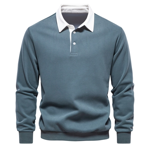 Herren Business Casual Polo Sweatshirt Baumwollmischung Langarm Kontrastfarbe Revers Rippbündchen Pullover Top Für Herren