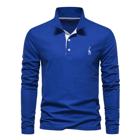 Polo da Uomo a Manica Lunga Ricamata Animali Colletto a Contrasto Misto Cotone Traspirante Casual Moda Urban Tempo Libero Top per Uomo