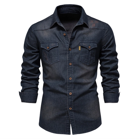 AIOPESON Camicia di Denim in Cotone a Manica Lunga da Uomo Slim Fit Casual Lavata Workwear Vintage Tinta Unita Revers Top per Ufficio Stile Urbano