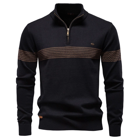 Pull en Tricot pour Hommes Casual Business à Demi-zip Mélange de Coton Coupe Slim Manches Longues Col Montant Pullover Automne