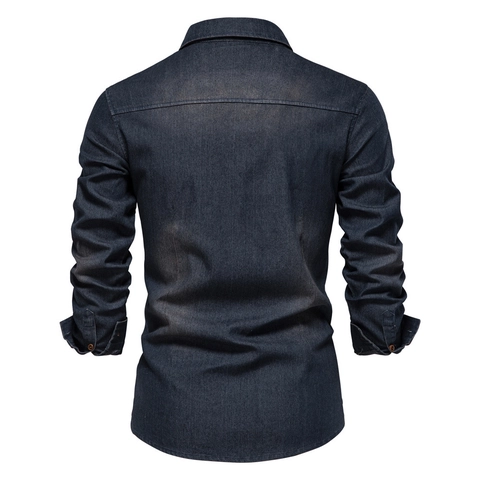 AIOPESON Camicia di Denim in Cotone a Manica Lunga da Uomo Slim Fit Casual Lavata Workwear Vintage Tinta Unita Revers Top per Ufficio Stile Urbano