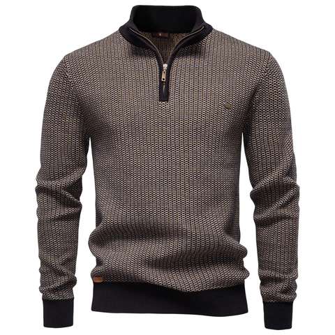Men's Thick Warm Sweater Stand Collar Half Zip Cotton Knit Textured Slim Fit Casual Business Pullover For Men