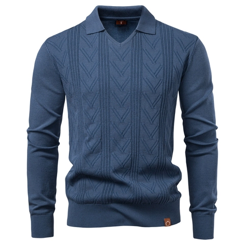 Pull Polo en Maille Décontracté pour Hommes Manches Longues Col en V Revers Jacquard Texturé Pullover Doux pour Hommes