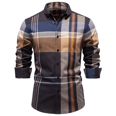 Heren Casual Geruit Overhemd Lange Mouw Puur Katoen Normale Pasvorm Garengeverfd Button Down Revers Top Herfst Zakelijke Kleding