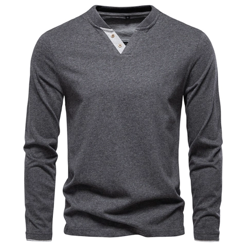 Maglietta da Uomo Henley a Manica Lunga in Cotone Scollo a V Bottone Casuale Tinta Unita Tee Morbido Traspirante Autunno Slim Fit