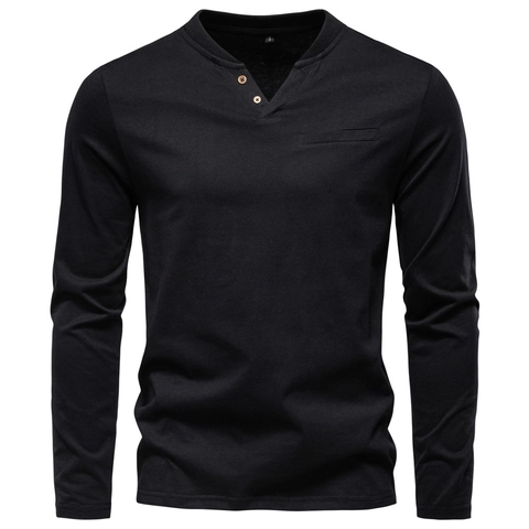 Heren Katoen Henley T-Shirt Lange Mouw Slim Fit V-Hals Twee Knopen Effen Kleur Casual Base Layer Top Voor Herfst