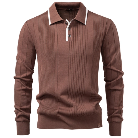 Men European Size Ribbed Knit Polo Sweater Viscose Blend Long Sleeve Slim Fit Pullover For Autumn Winter Casual Business