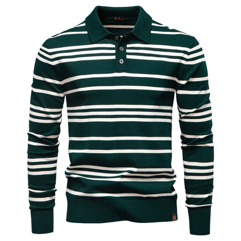 Polo de Punto a Rayas para Hombre Cuello de Solapa Manga Larga Viscosa Poliéster Casual Otoño Invierno Negocios Suéter