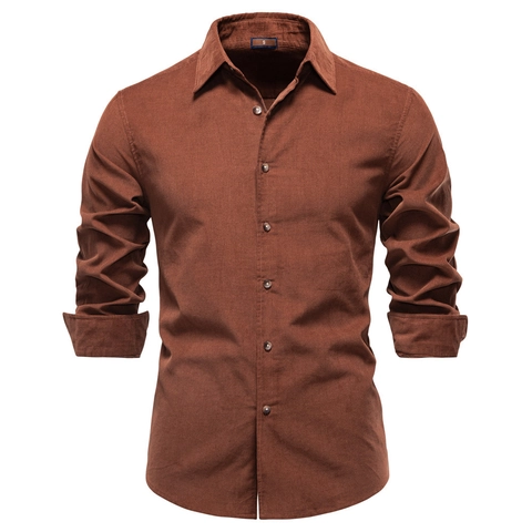 Camicia Casual da Uomo in Velluto a Coste Puro Cotone Manica Lunga Colletto a Revers Abbottonato per Autunno Stile Urban