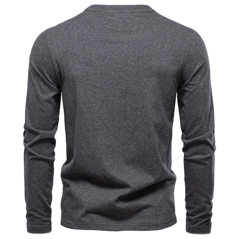 Maglietta da Uomo Henley a Manica Lunga in Cotone Scollo a V Bottone Casuale Tinta Unita Tee Morbido Traspirante Autunno Slim Fit
