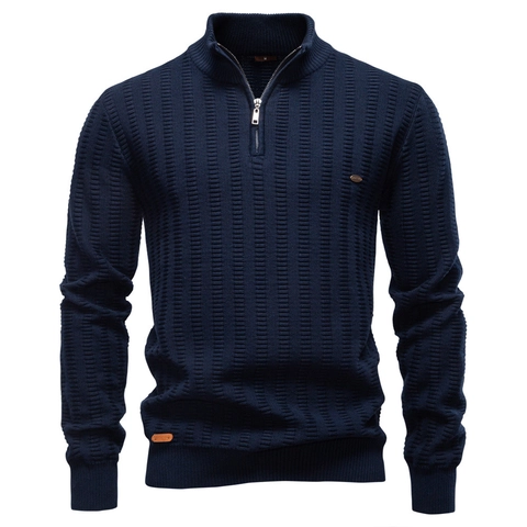 Maglione da Uomo con Mezza Zip e Collo in Piedi in Misto Cotone a Costine a Manica Lunga Business Casual Slim Fit Pullover