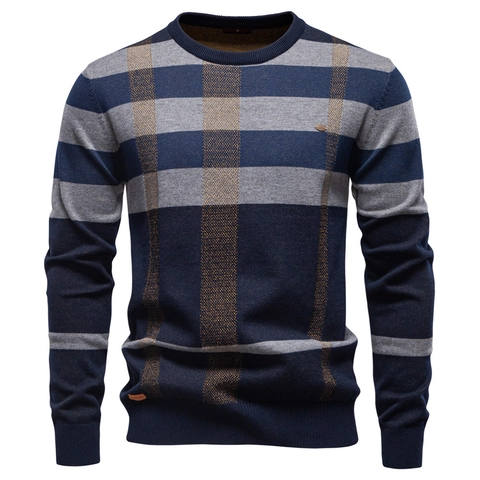 Pull en Tricot pour Hommes Taille Européenne Mélange de Coton Business Décontracté Plaid Patchwork Manches Longues Col Rond Coupe Slim