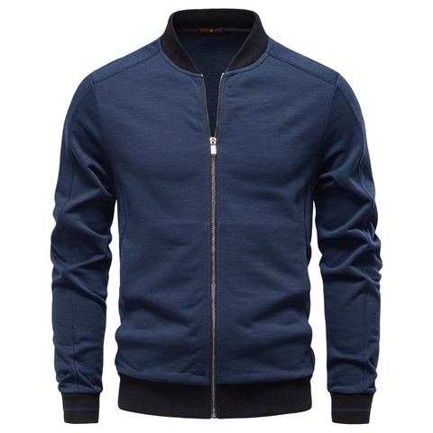 Men Casual Bomber Jacket Cotton Polyester Blend Baseball Collar Ribbed Trim Windproof Zip Up Outerwear For Daily Work