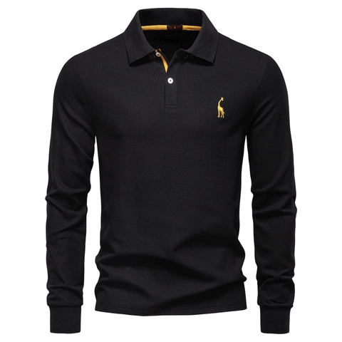 Polo à Manches Longues pour Hommes en Mélange de Coton Tissu Piqué Broderie Girafe Col Contrasté Décontracté Chic Homme