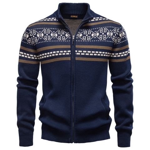 Heren Gebreid Vest Trui Jas Opstaande Kraag Geometrisch Etnisch Jacquard Volledige Rits Katoen Slim Fit Herfst Winter