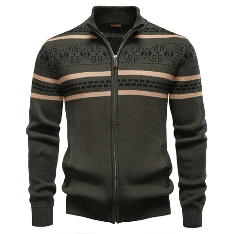 Heren Gebreid Vest Trui Jas Opstaande Kraag Geometrisch Etnisch Jacquard Volledige Rits Katoen Slim Fit Herfst Winter