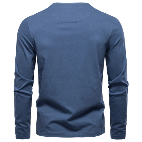 Men Long Sleeve Henley T-Shirt Contrast Color Placket 100% Cotton Slim Fit Business Casual Top For Daily Wear AIOPESON