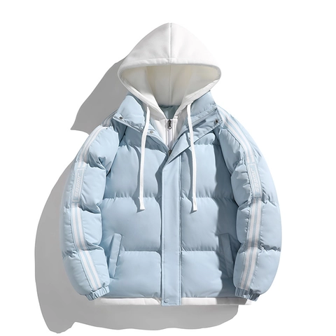 Men's Winter Thickened Padded Jacket Fake Two-Piece Hooded Puffer Coat Loose Fit Polyester Warm Outerwear With Stripes Print