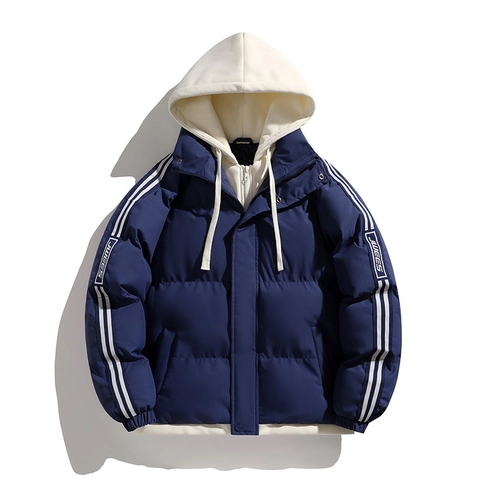 Men's Winter Thickened Padded Jacket Fake Two-Piece Hooded Puffer Coat Loose Fit Polyester Warm Outerwear With Stripes Print