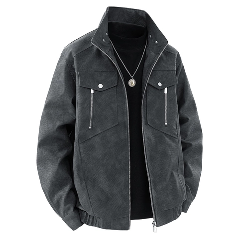 Heren PU Leren Jas Opstaande Kraag Slangenhuid Textuur Rits Casual Jas Outerwear Retro Amerikaanse Mode Streetwear Voor Heren