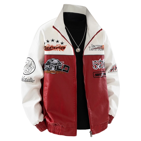 Heren Racing Jas PU Leer Vintage Color Block Opstaande Kraag Motorjas Streetwear Borduurwerk Bovenkleding Voor Heren