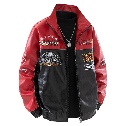Heren Racing Jas PU Leer Vintage Color Block Opstaande Kraag Motorjas Streetwear Borduurwerk Bovenkleding Voor Heren