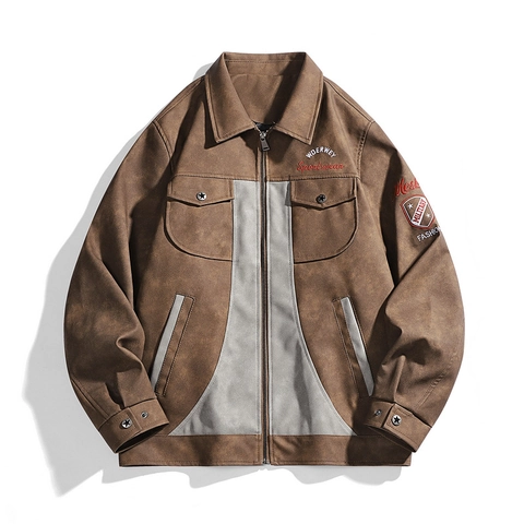 Heren Vintage Werkkleding Jas Spleißen Faux Wildleder PU Leder Kontrastfarbe Stickerei Bomberjacke Mode Bovenkleding