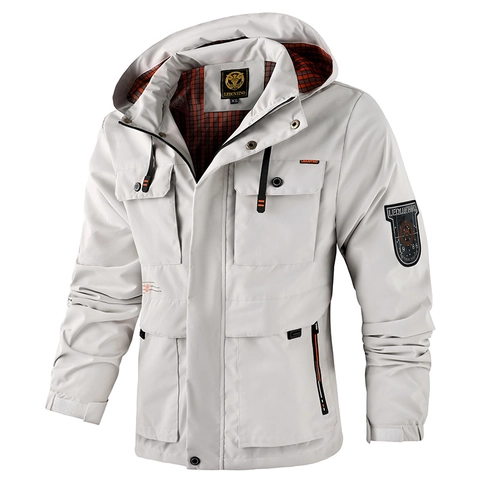 Veste à Capuche pour Homme en Poliestere Coupe-vent avec Badge Brodé Manches Longues Coupe Ajustée Décontractée Mode Urbaine