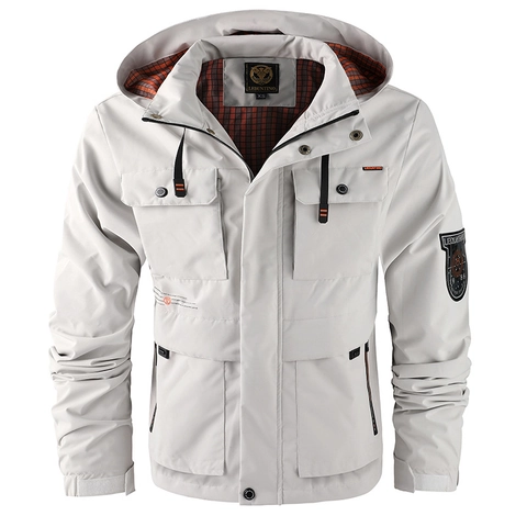 Veste à Capuche pour Homme en Poliestere Coupe-vent avec Badge Brodé Manches Longues Coupe Ajustée Décontractée Mode Urbaine