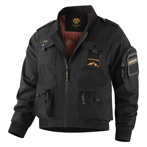 Men's Multi-Pocket Tactical Flight Jacket Utility Stand Collar Bomber Jacket Windbreaker Outwear