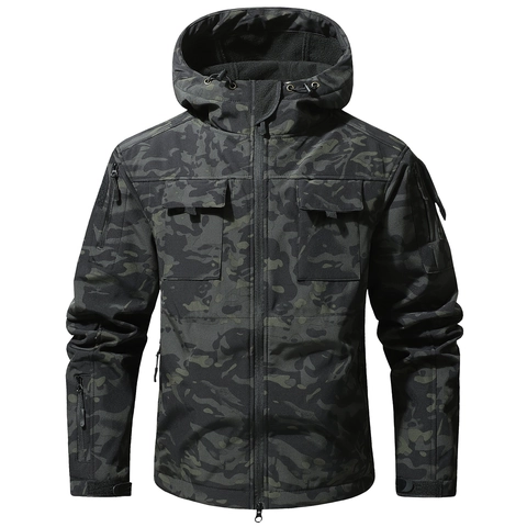 Men Outdoor Softshell Tactical Jacket Hooded Fleece Lined Waterproof Camouflage Functional Outerwear For Hiking Camping