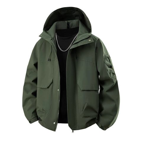 Unisex Outdoor Cargo Hooded Windbreaker Jacket Waterproof Windproof Technical Fabric Multi Pocket Loose Casual Hiking Camping Coat