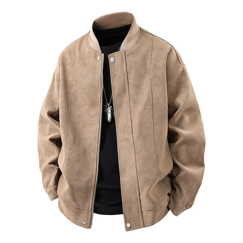 Heren Casual PU Leren Bomberjack Suède Textuur Staande Kraag Vintage Zip Up Geribbelde Manchetten Jas Voor Herfst Lente Man