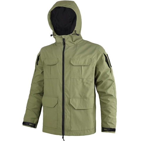 Men Tactical Hooded Jacket Durable Nylon Polyester Windproof Multi Pocket Work Coat Outdoor Hiking Long Sleeve Outerwear