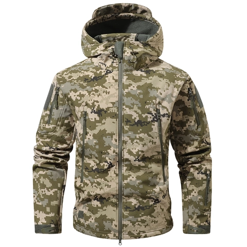Men Tactical Softshell Jacket Windproof Waterproof Military Camouflage Hooded Coat Outdoor Hiking Climbing Warm Fleece Lined Outerwear