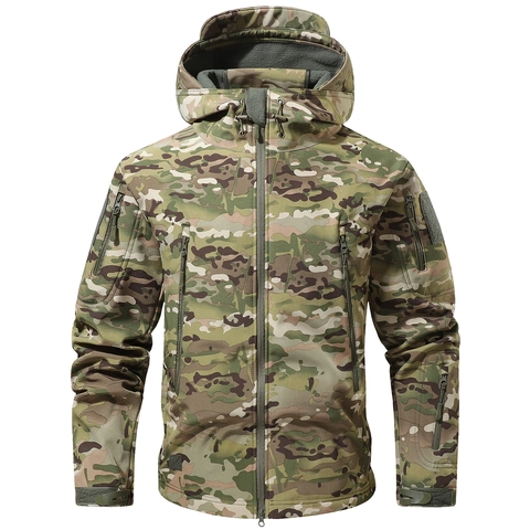 Men Tactical Softshell Jacket Windproof Waterproof Military Camouflage Hooded Coat Outdoor Hiking Climbing Warm Fleece Lined Outerwear
