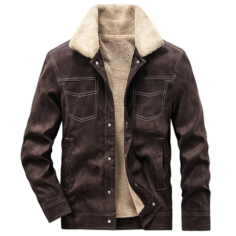 Herren Fleece Gefütterte Wildlederjacke Winter Dick Warm Workwear Mantel Mit Lammfellkragen Casual Outerwear Für Herren