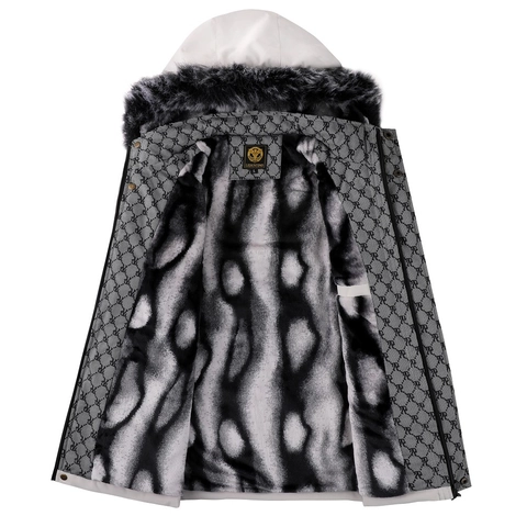 Men's Winter Thickened Hooded Cotton Coat Casual Warm Jacket With Faux Fur Collar Long Sleeve Zip Up Outerwear