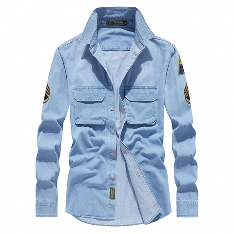 Camicia di Jeans a Maniche Lunghe da Uomo Casual Lavaggio in Cotone Stile Workwear Con Distintivi Ricamati e Doppie Tasche con Patta Taglie Forti