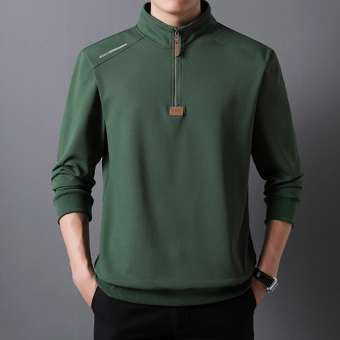 Sudadera Casual para Hombre con Media Cremallera Cuello Alto Manga Larga Pullover Ajustado Top Deportivo Color Sólido